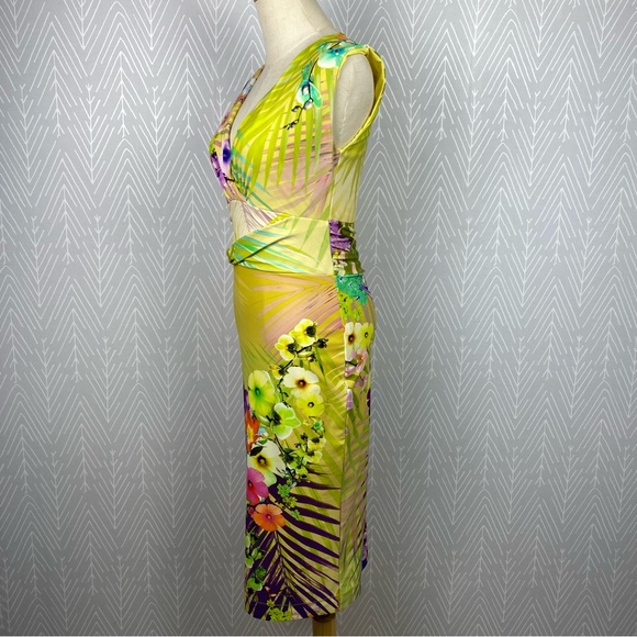 FUZZI Yellow Floral Graphic V Neck Sleeveless Sheath Knee Midi Dress - Picture 4 of 11